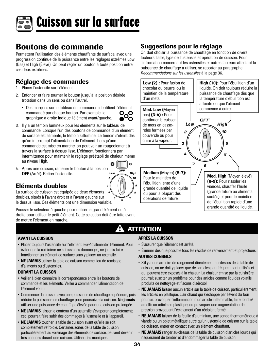 Amana AER5722CAS manual Cuisson sur la surface, Boutons de commande, Suggestions pour le réglage, Réglage des commandes 