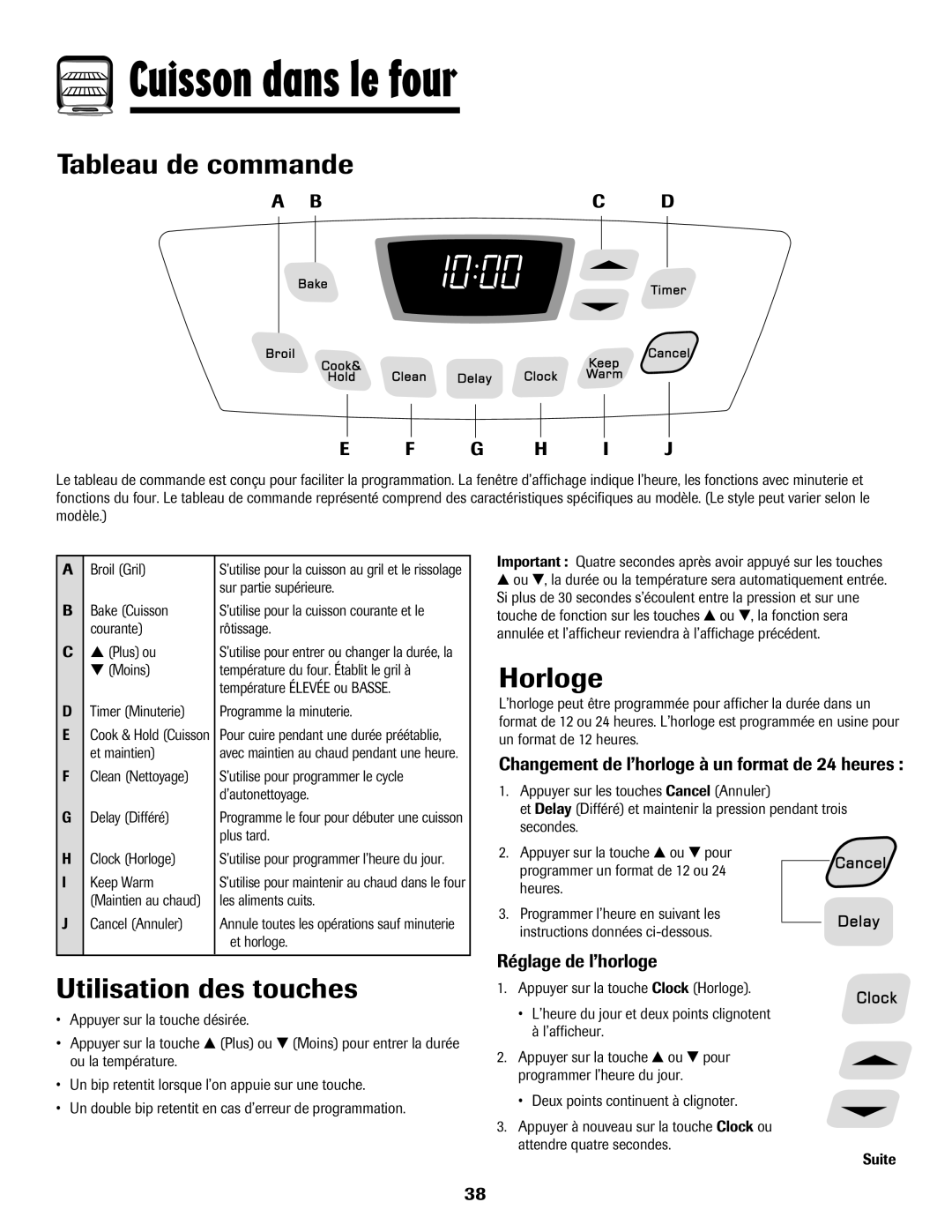 Amana AER5722CAS manual Cuisson dans le four, Tableau de commande, Utilisation des touches, Horloge 