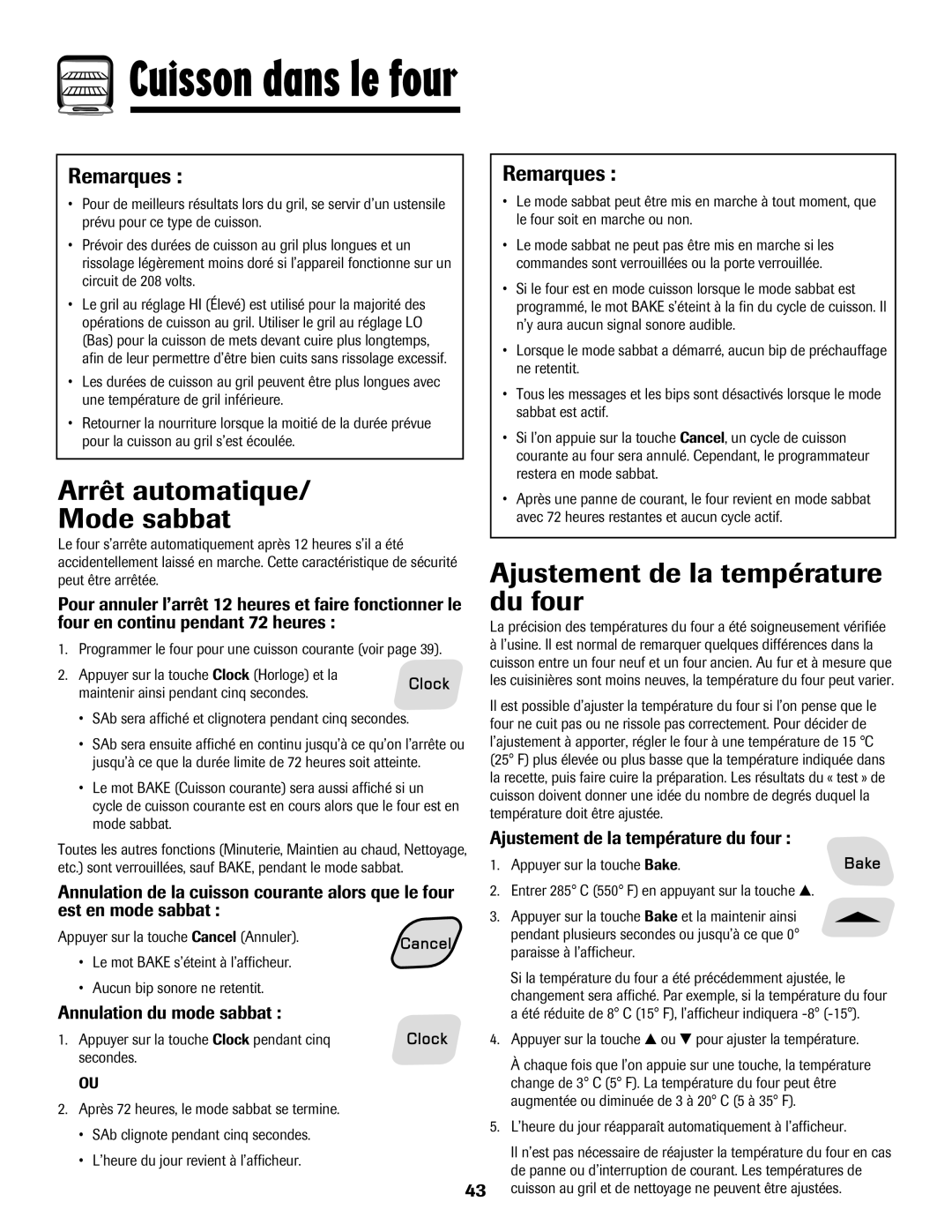 Amana AER5722CAS manual Arrêt automatique, Mode sabbat, Ajustement de la température, Du four 