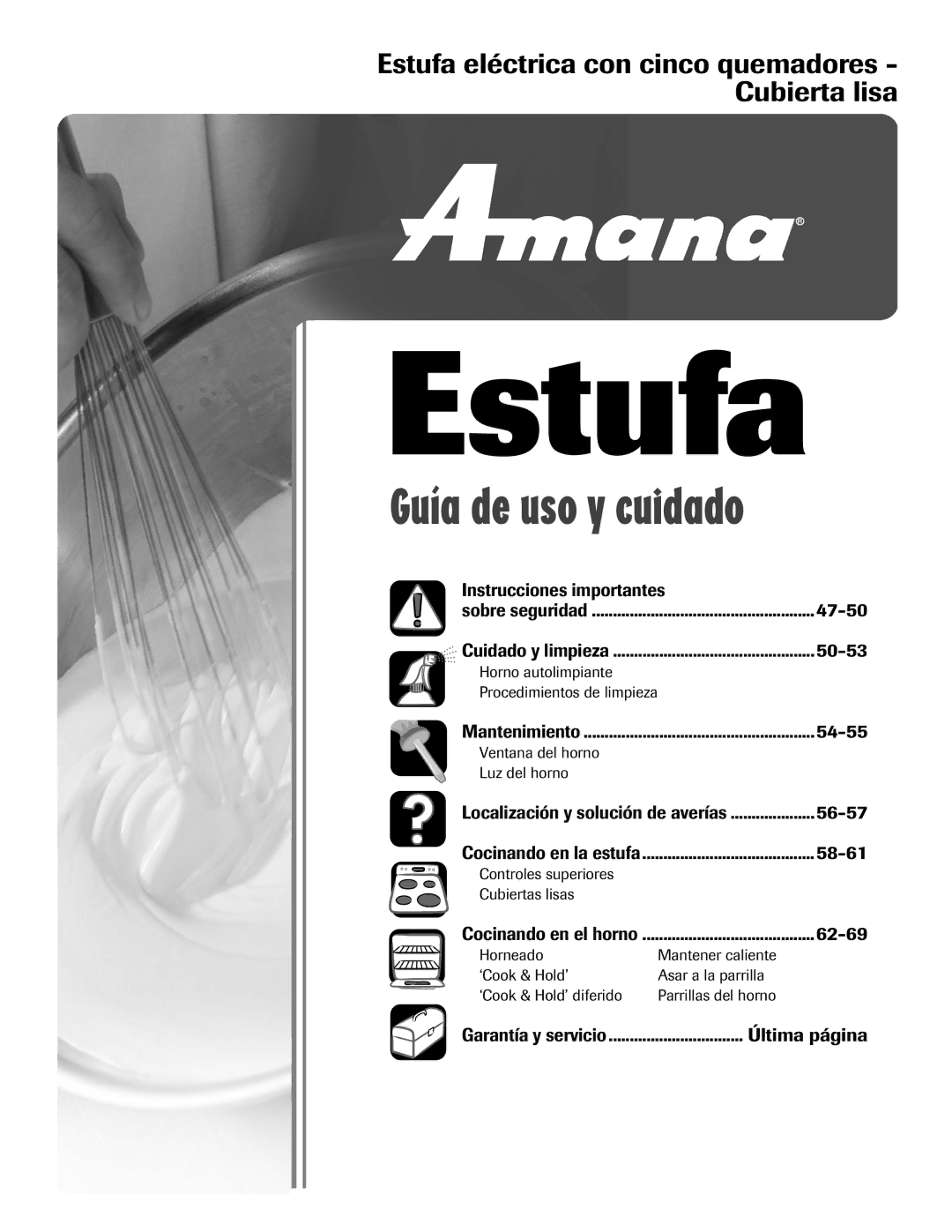 Amana AER5722CAS manual Estufa eléctrica con cinco quemadores Cubierta lisa 