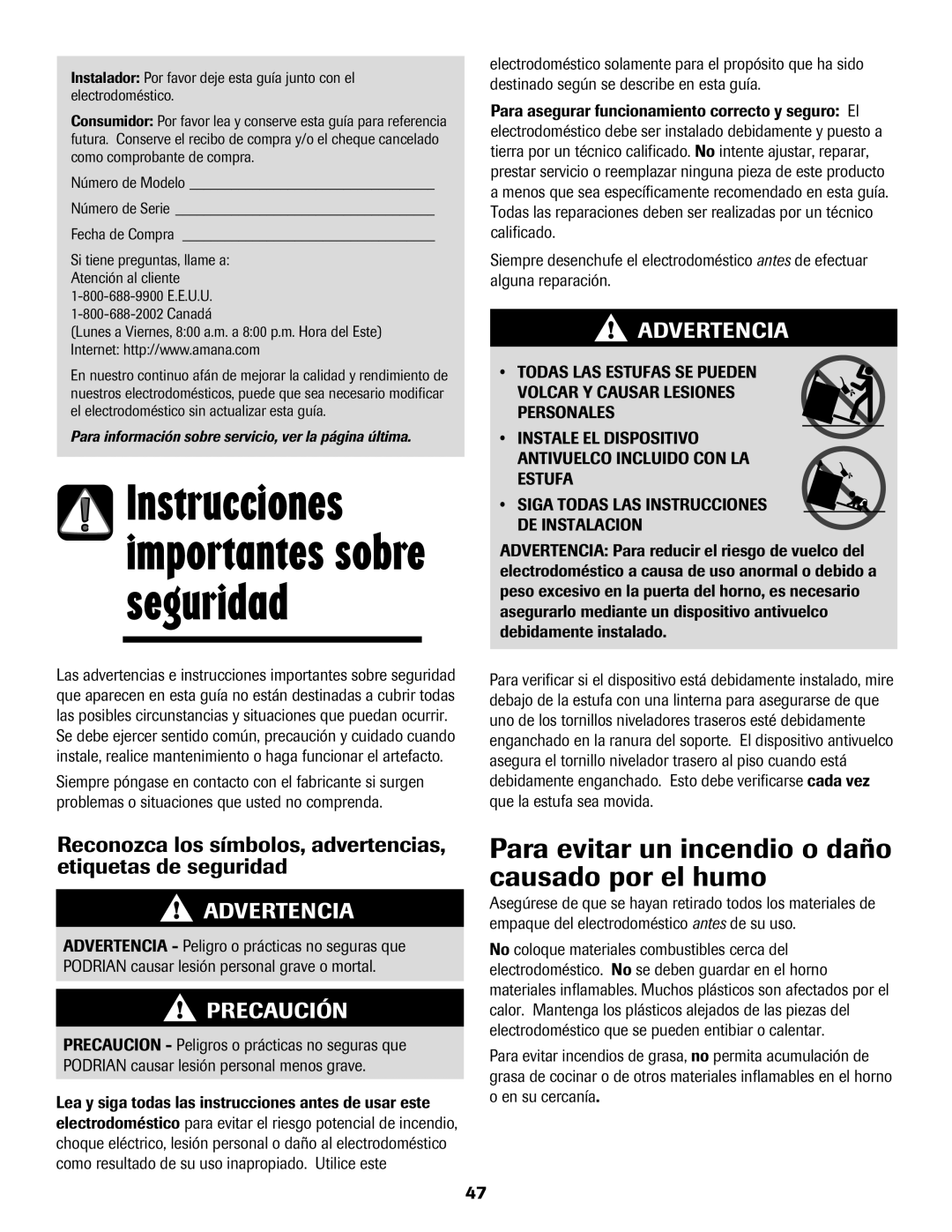 Amana AER5722CAS manual Para evitar un incendio o daño causado por el humo, Fecha de Compra, Canadá 