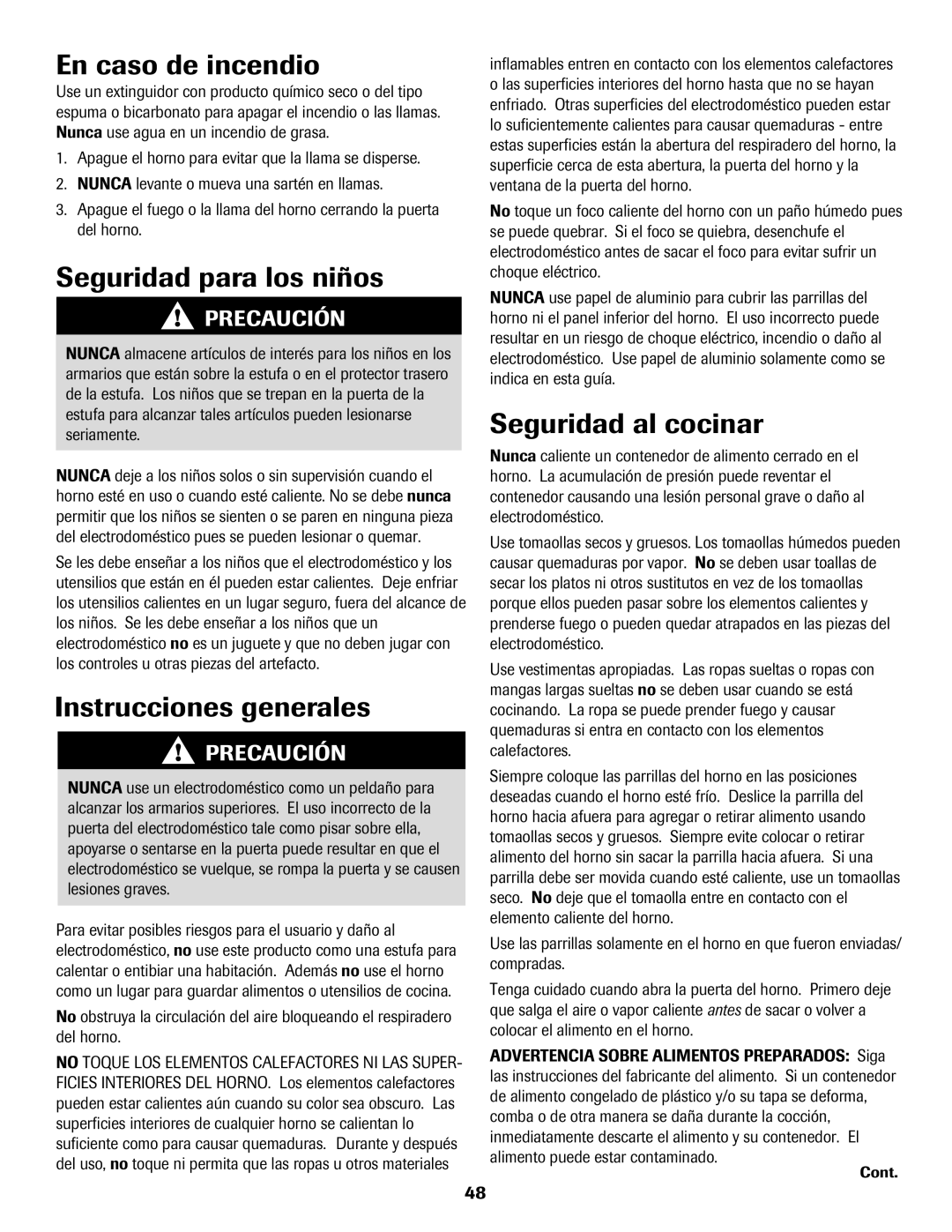 Amana AER5722CAS manual En caso de incendio, Seguridad para los niños, Instrucciones generales, Seguridad al cocinar 