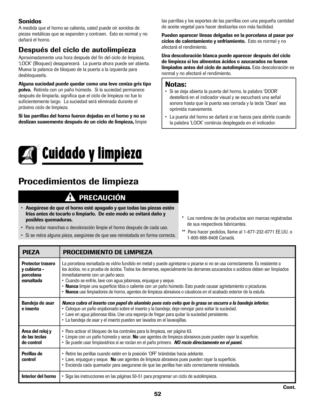 Amana AER5722CAS manual Procedimientos de limpieza, Después del ciclo de autolimpieza, Notas, Sonidos 