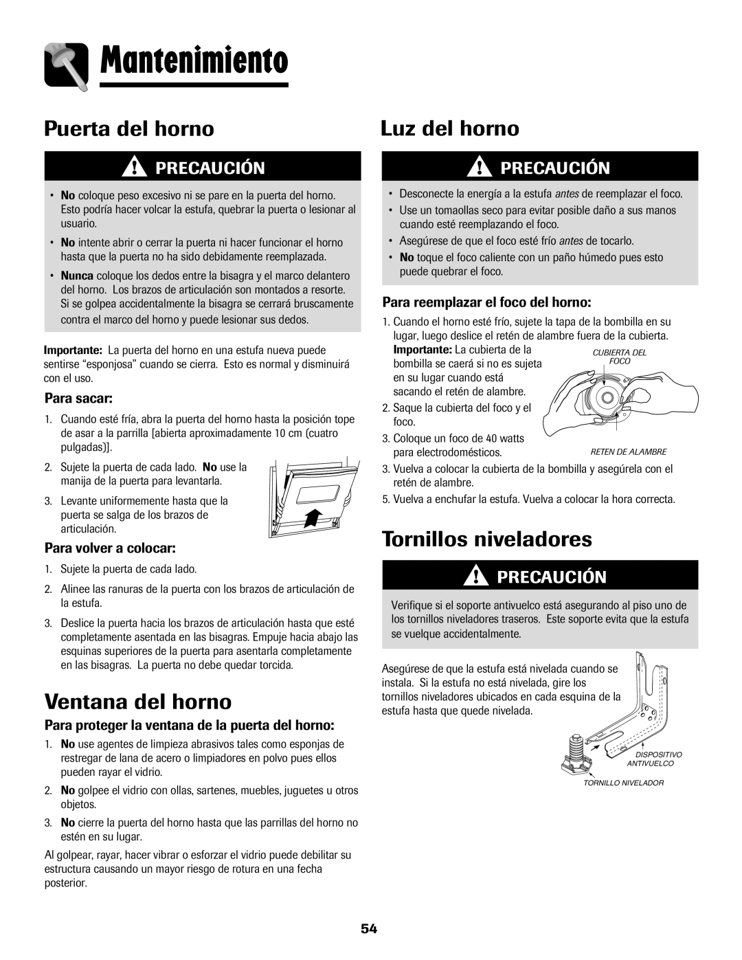 Amana AER5722CAS manual Mantenimiento, Puerta del horno, Ventana del horno, Luz del horno, Tornillos niveladores 