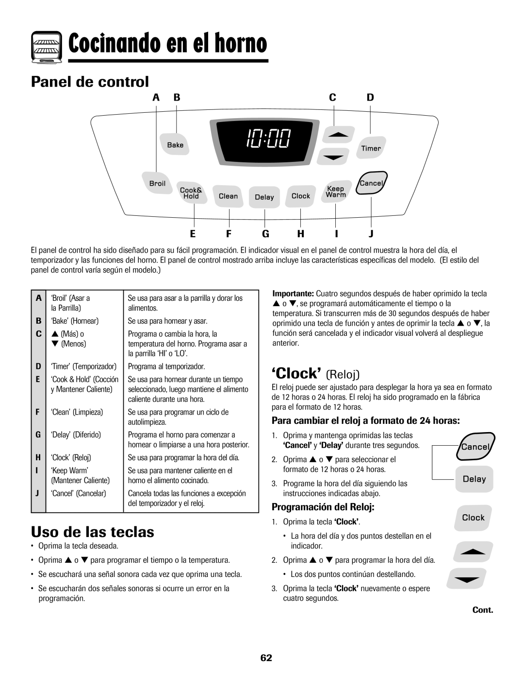 Amana AER5722CAS manual Cocinando en el horno, Panel de control, Uso de las teclas, ‘Clock’ Reloj 