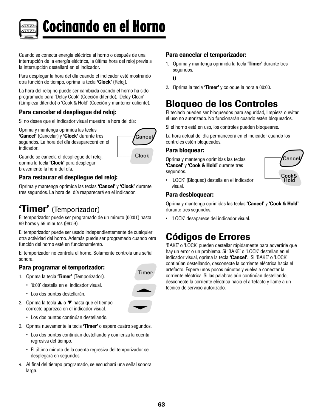 Amana AER5722CAS manual Bloqueo de los Controles, Códigos de Errores, ‘Timer’ Temporizador 