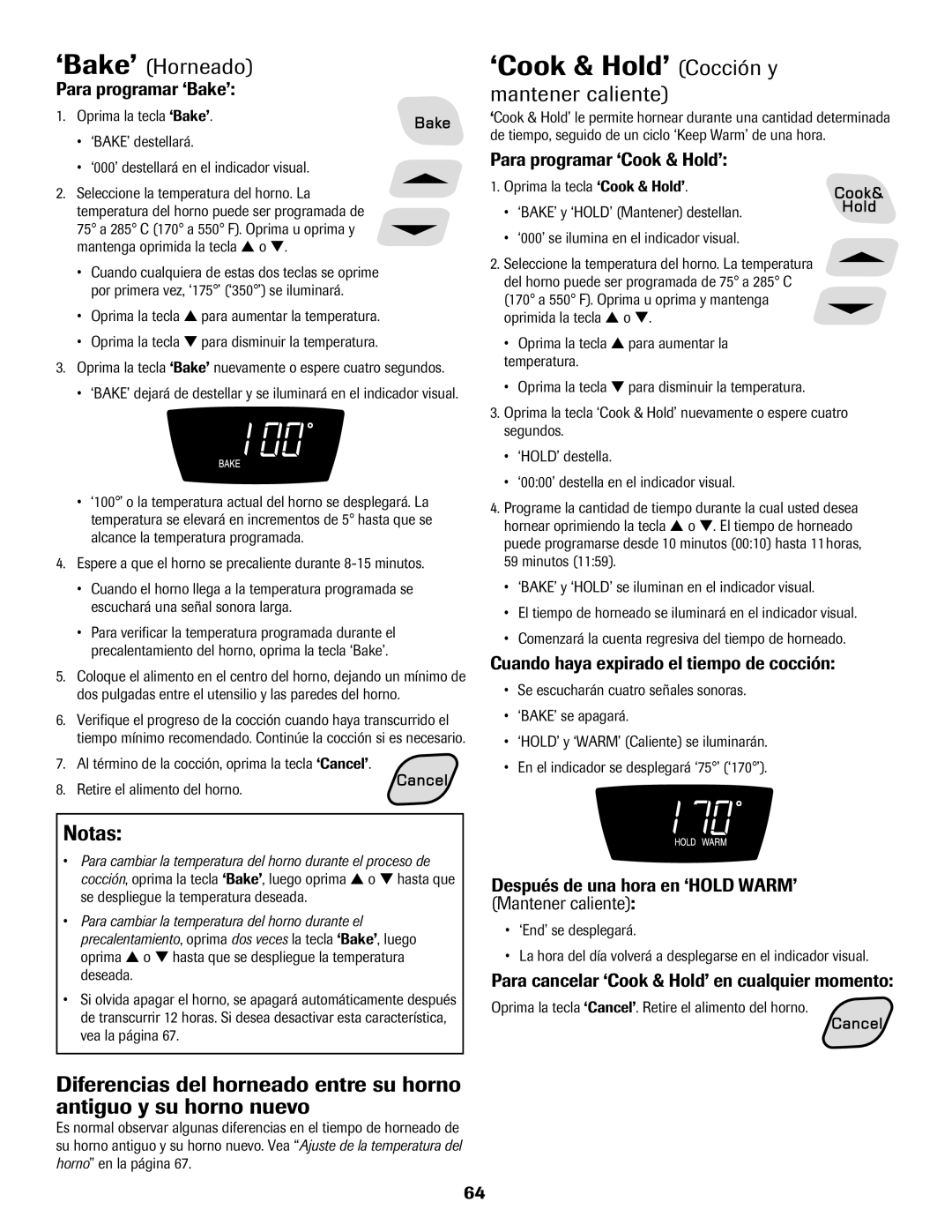 Amana AER5722CAS manual ‘Cook & Hold’ Cocción y, ‘Bake’ Horneado, Mantener caliente 