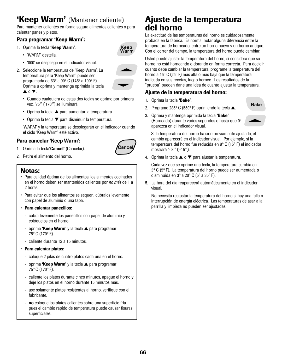 Amana AER5722CAS manual Ajuste de la temperatura del horno, ‘Keep Warm’ Mantener caliente, Para programar ‘Keep Warm’ 