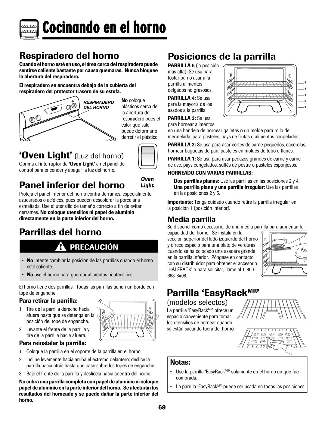 Amana AER5722CAS manual Respiradero del horno, Panel inferior del horno, Parrillas del horno, Posiciones de la parrilla 