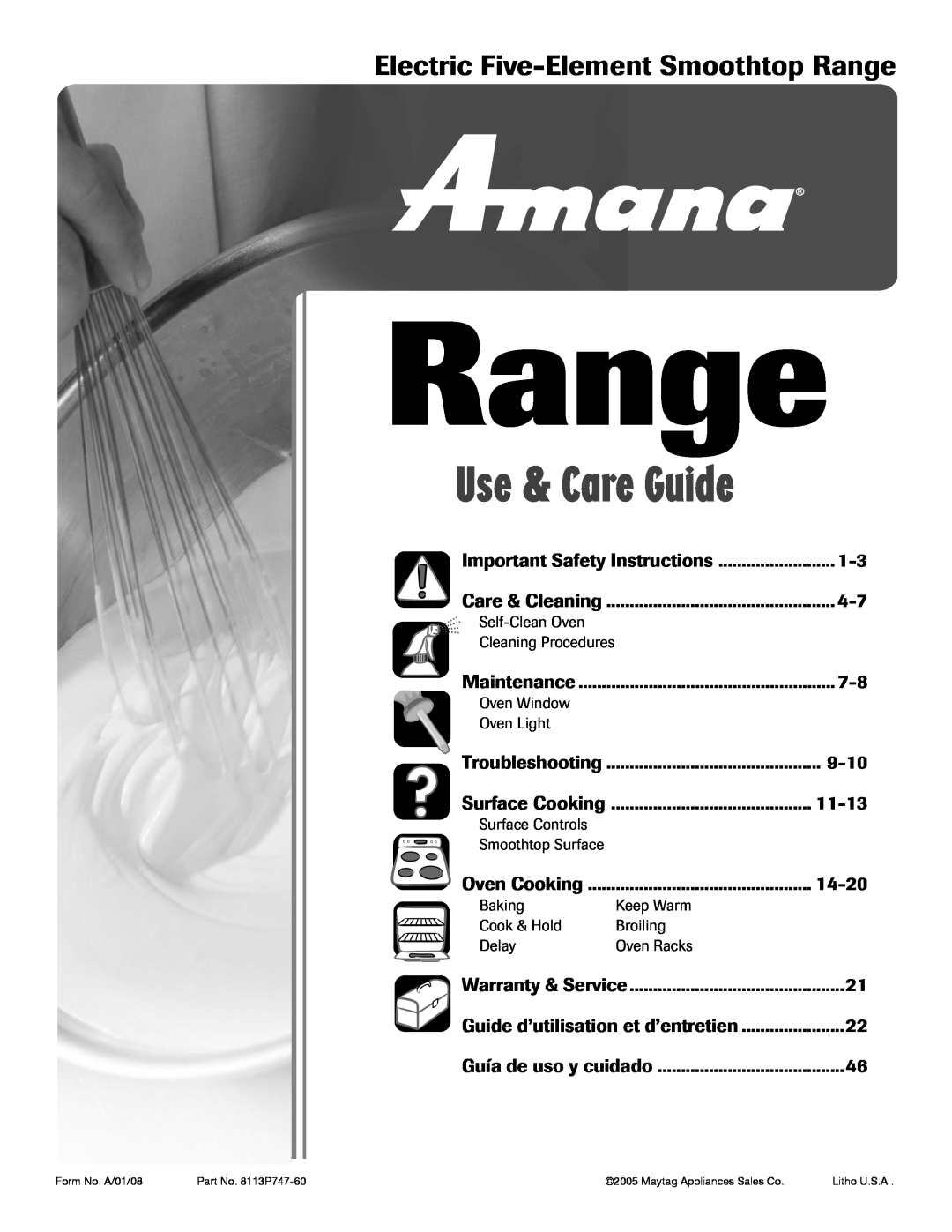 Amana AER5722CAS manual Electric Five-Element Smoothtop Range, Use & Care Guide 