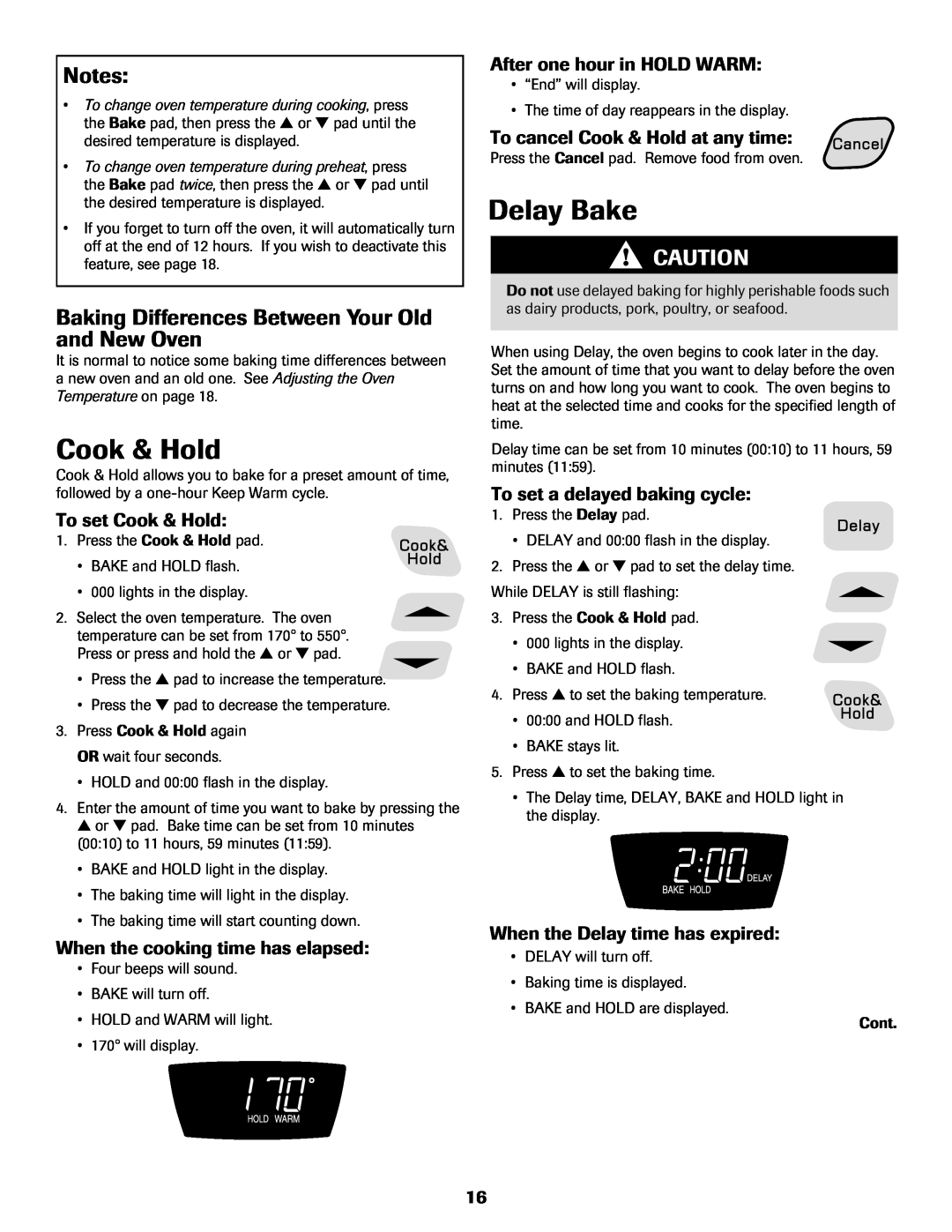 Amana AER5722CAS manual Delay Bake, Baking Differences Between Your Old and New Oven, To set Cook & Hold 