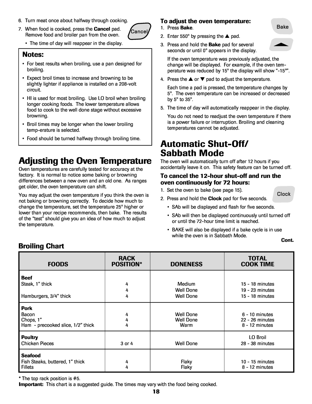 Amana AER5722CAS Adjusting the Oven Temperature, Automatic Shut-Off Sabbath Mode, Broiling Chart, Foods, Rack, Doneness 
