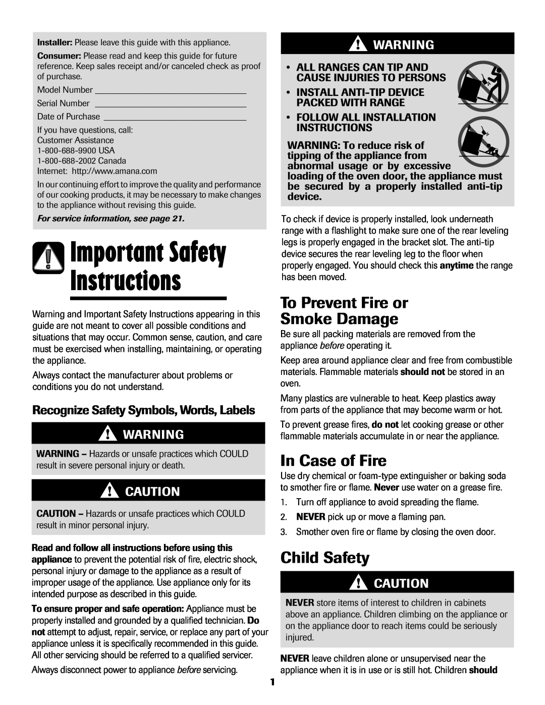 Amana AER5722CAS manual Instructions, Important Safety, To Prevent Fire or Smoke Damage, In Case of Fire, Child Safety 