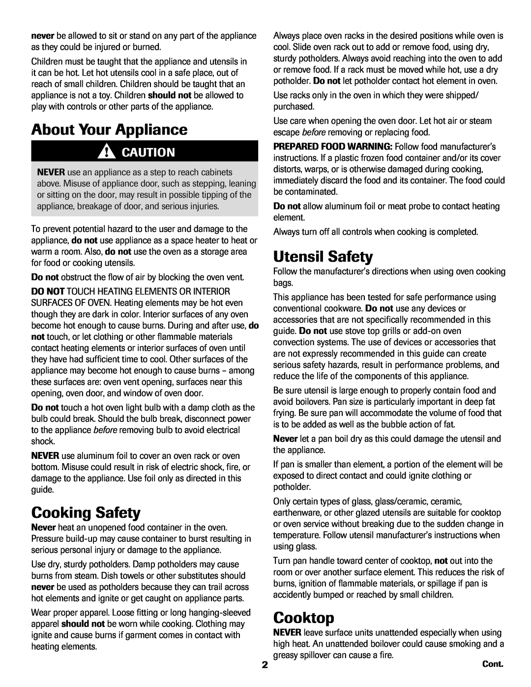 Amana AER5722CAS manual About Your Appliance, Cooking Safety, Utensil Safety, Cooktop 