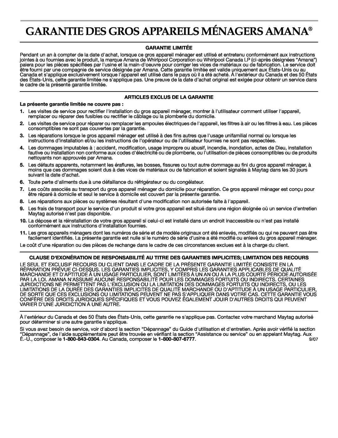 Amana AER5722CAS manual Garantie Des Gros Appareils Ménagers Amana, Garantie Limitée, Articles Exclus De La Garantie 
