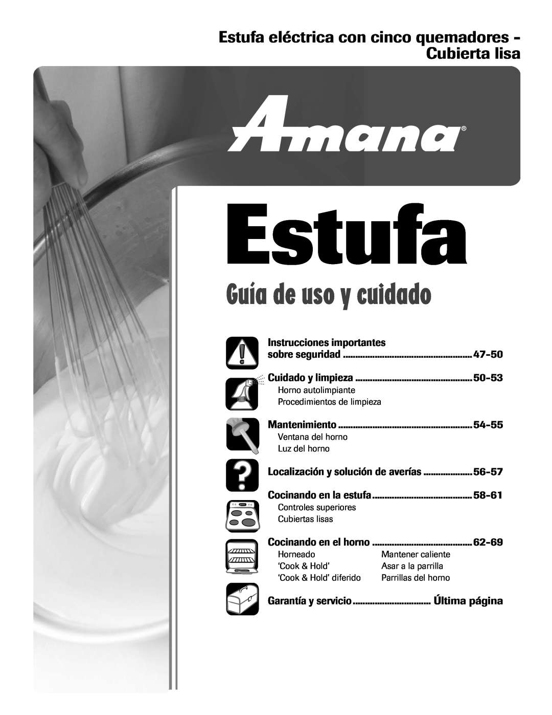 Amana AER5722CAS Estufa eléctrica con cinco quemadores - Cubierta lisa, Instrucciones importantes, 47-50, 50-53, 54-55 