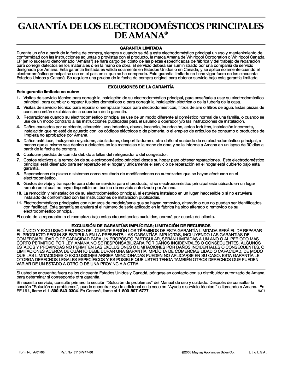 Amana AER5722CAS manual De Amana, Garantía De Los Electrodomésticos Principales, Garantía Limitada 