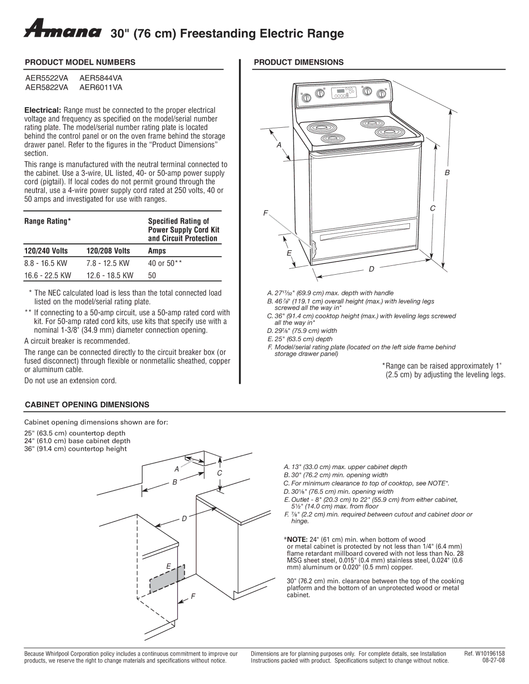 Amana AER5522VA, AER5822VA dimensions 30 76 cm Freestanding Electric Range, Product Model Numbers, Product Dimensions 