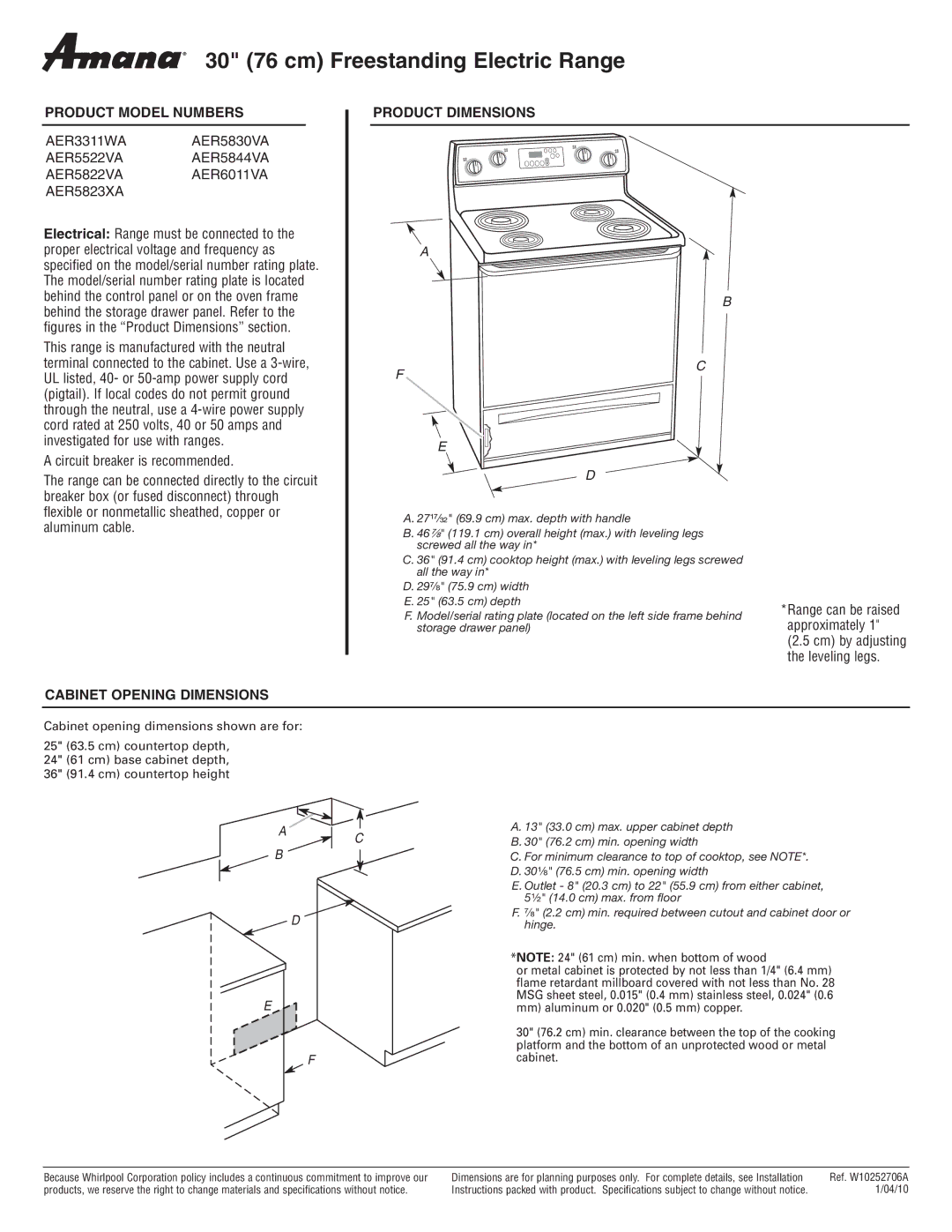 Amana AER3311WA, AER5823XA dimensions 30 76 cm Freestanding Electric Range, Product Model Numbers, Product Dimensions 