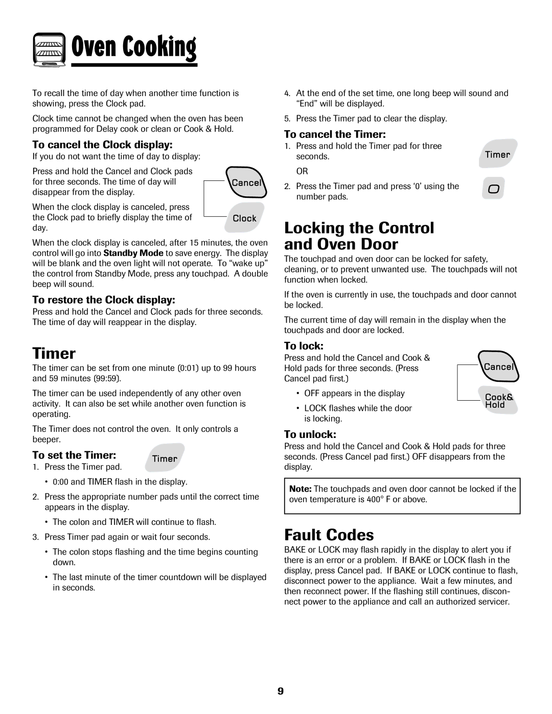 Amana AER5845RAW warranty Timer, Locking the Control Oven Door, Fault Codes 