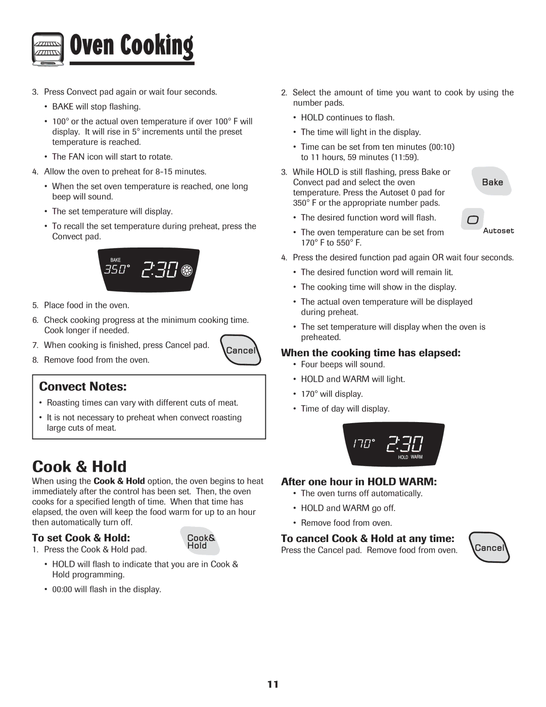 Amana AER5845RAW warranty Cook & Hold, Convect Notes 