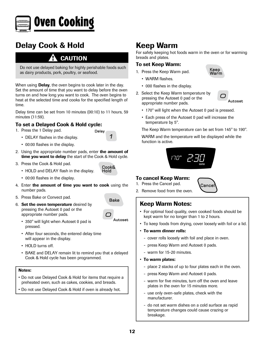 Amana AER5845RAW warranty Delay Cook & Hold, Keep Warm Notes 