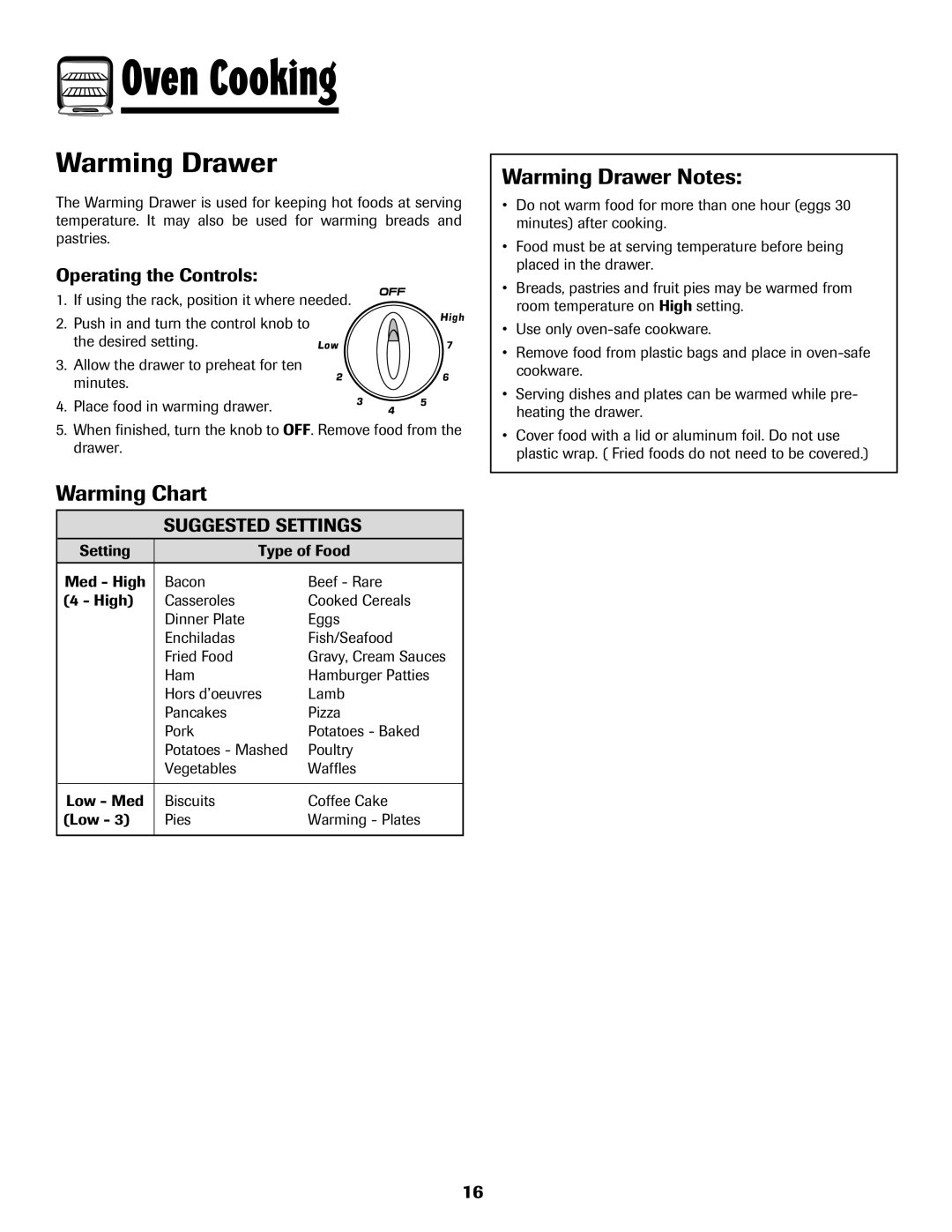 Amana AER5845RAW warranty Warming Chart, Warming Drawer Notes, Operating the Controls, Suggested Settings 