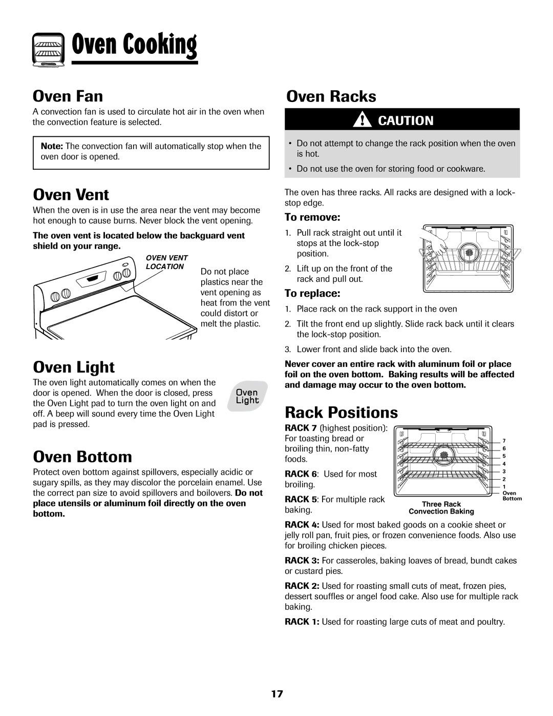 Amana AER5845RAW warranty Oven Fan, Oven Vent, Oven Racks, Oven Light, Oven Bottom, Rack Positions 