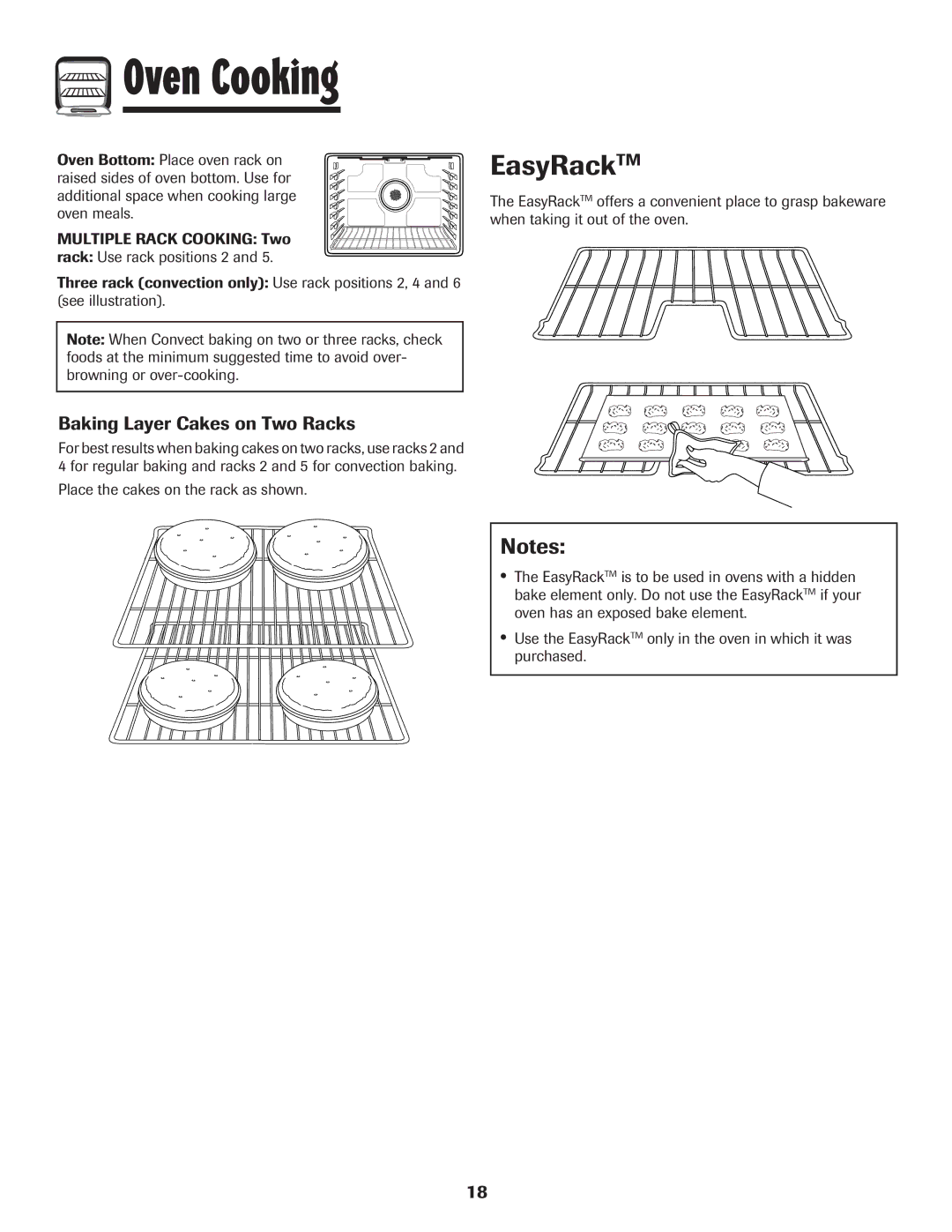 Amana AER5845RAW warranty EasyRackTM, Baking Layer Cakes on Two Racks, Place the cakes on the rack as shown 