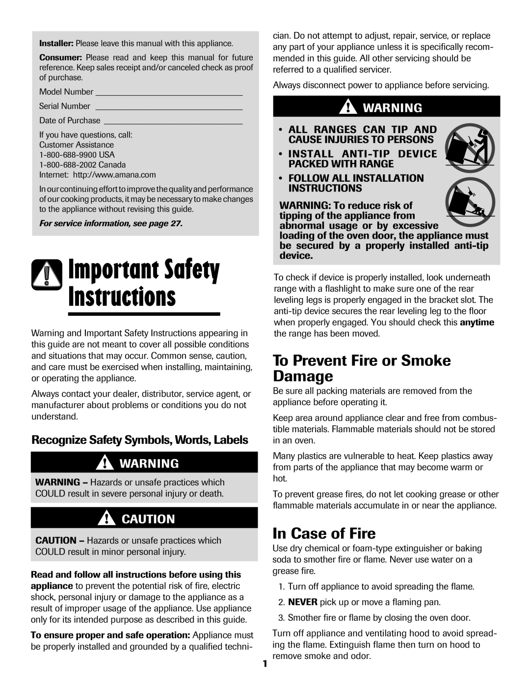 Amana AER5845RAW Instructions, To Prevent Fire or Smoke Damage, Case of Fire, Recognize Safety Symbols, Words, Labels 