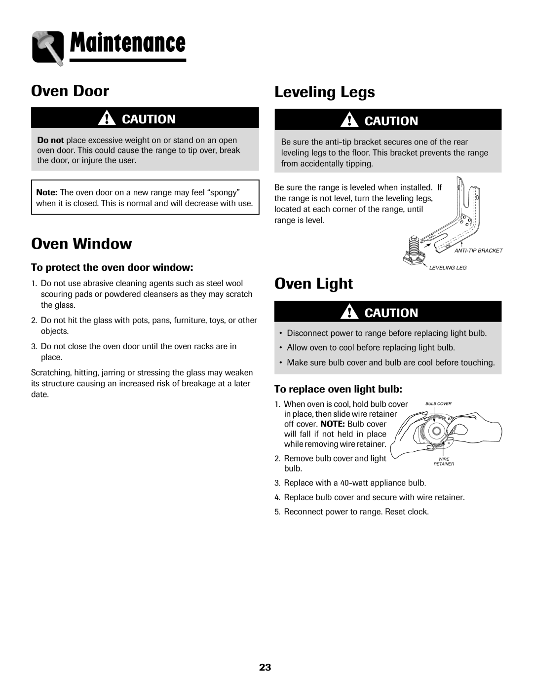 Amana AER5845RAW Maintenance, Oven Window, Leveling Legs, To protect the oven door window, To replace oven light bulb 