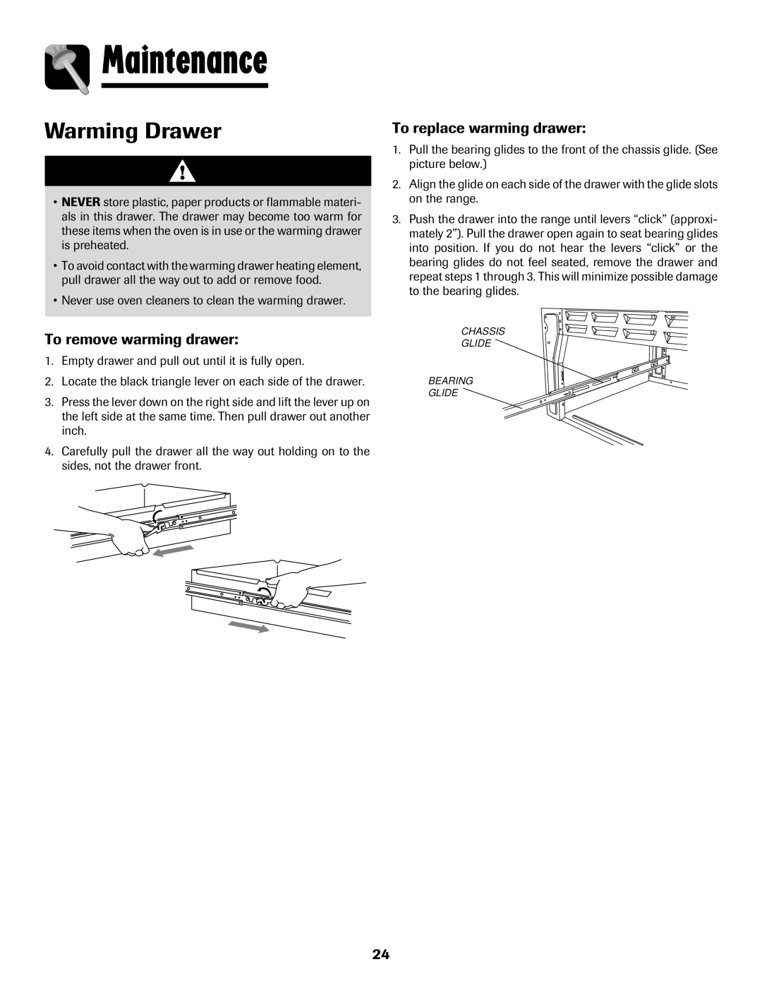 Amana AER5845RAW To remove warming drawer, To replace warming drawer, Never use oven cleaners to clean the warming drawer 