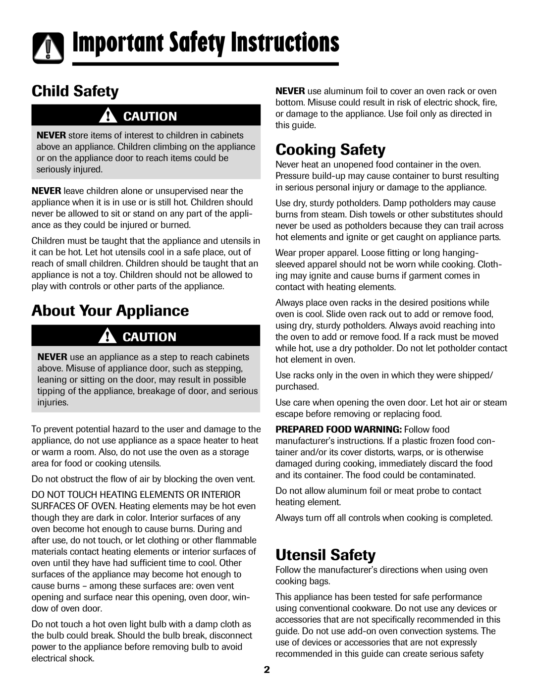 Amana AER5845RAW warranty Important Safety Instructions, Child Safety, About Your Appliance, Cooking Safety, Utensil Safety 