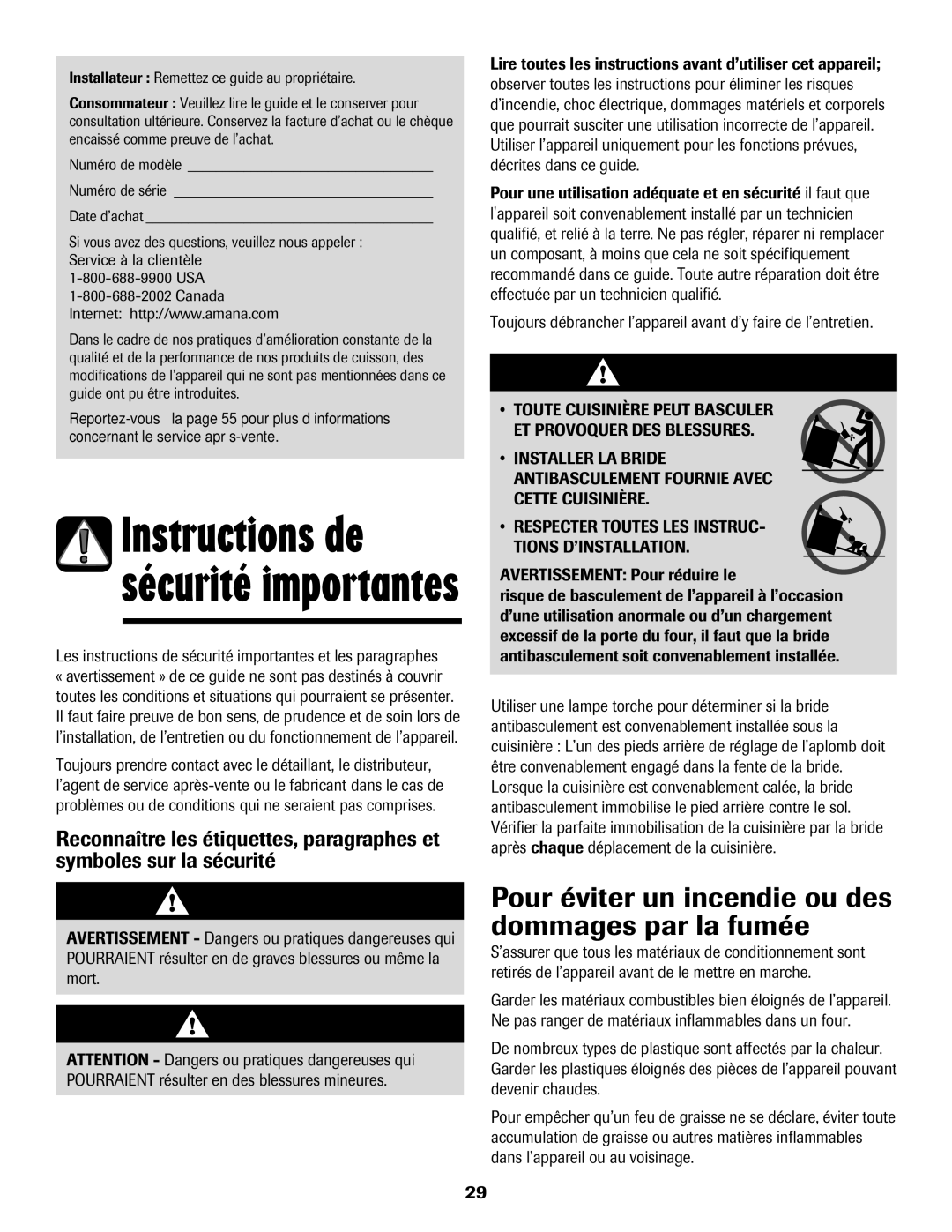 Amana AER5845RAW warranty Pour éviter un incendie ou des dommages par la fumée 