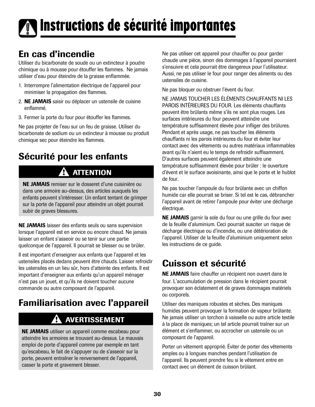 Amana AER5845RAW En cas d’incendie, Sécurité pour les enfants, Familiarisation avec l’appareil, Cuisson et sécurité 