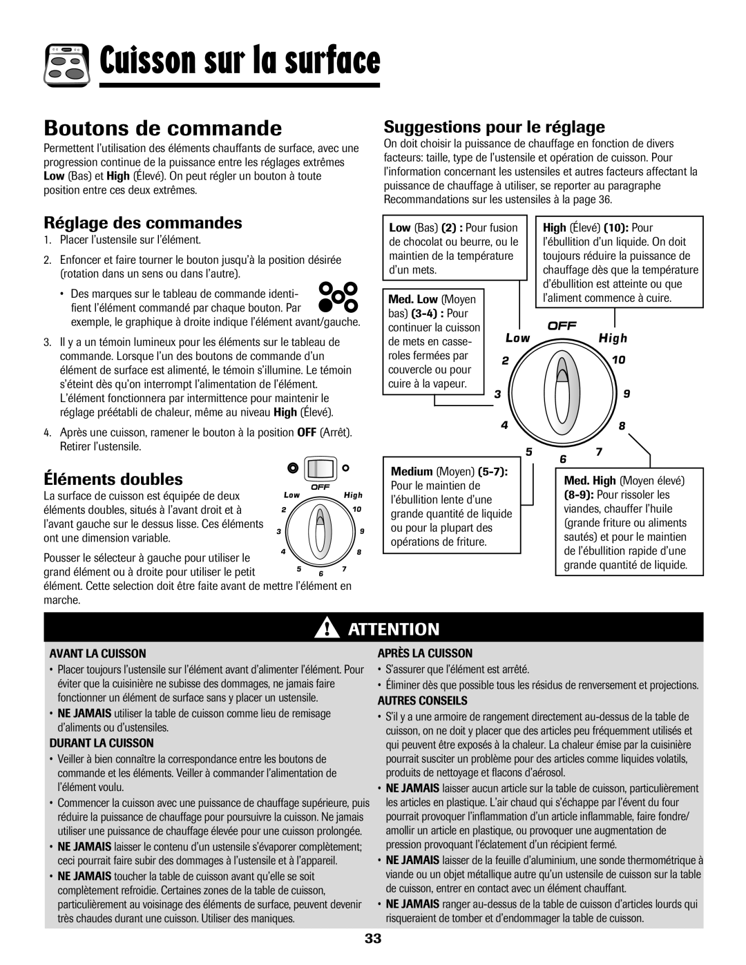 Amana AER5845RAW warranty Cuisson sur la surface, Boutons de commande, Suggestions pour le réglage, Réglage des commandes 