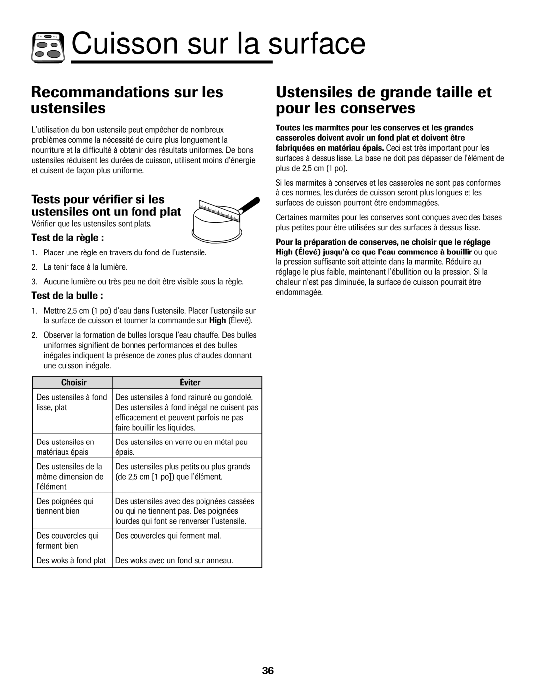 Amana AER5845RAW Recommandations sur les ustensiles, Ustensiles de grande taille et pour les conserves, Test de la règle 