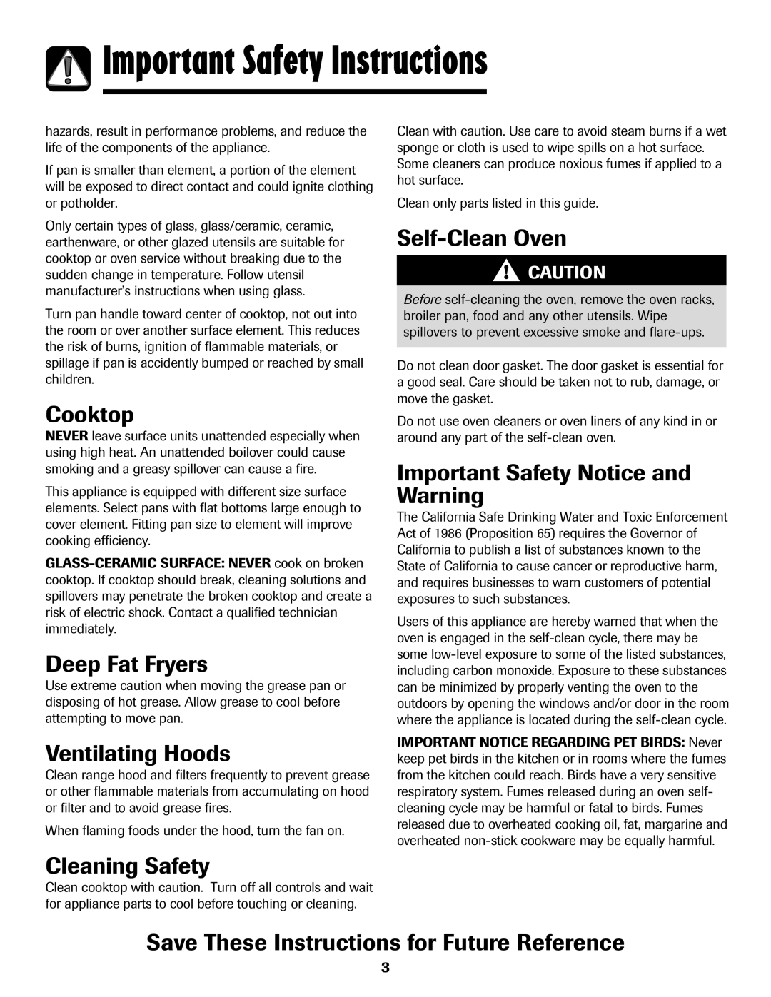 Amana AER5845RAW warranty Cooktop, Deep Fat Fryers, Ventilating Hoods, Self-Clean Oven, Important Safety Notice and Warning 