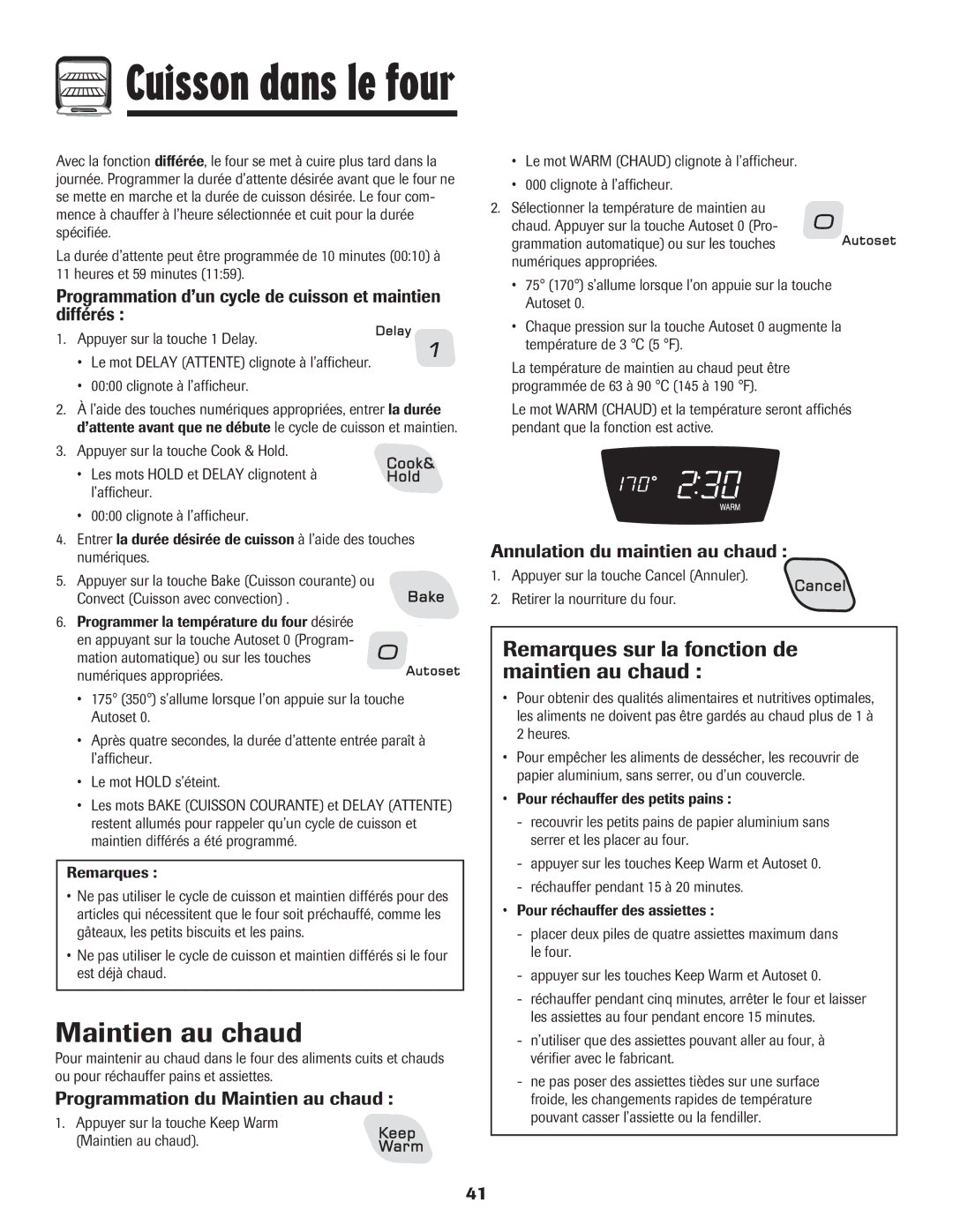 Amana AER5845RAW warranty Remarques sur la fonction de maintien au chaud, Programmation du Maintien au chaud 