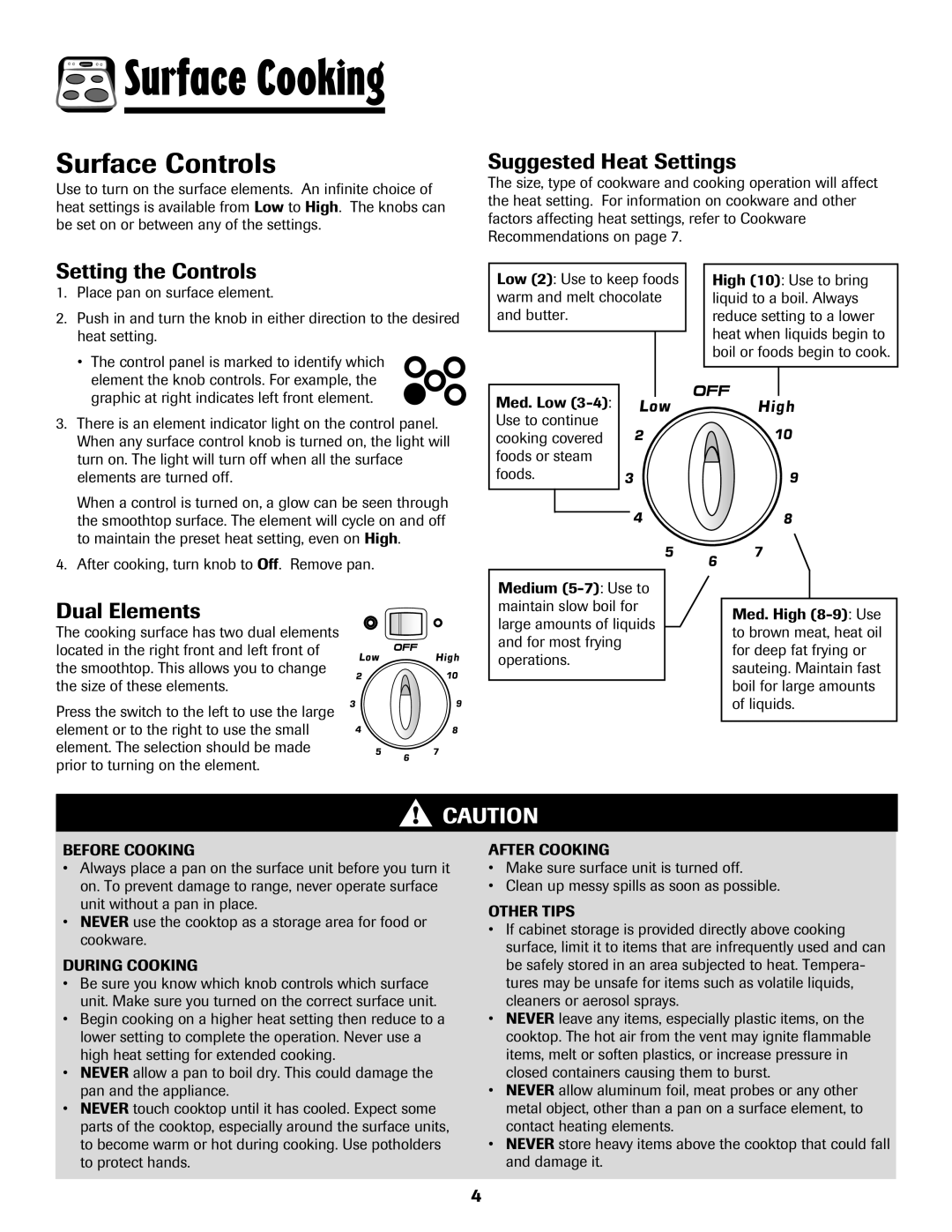 Amana AER5845RAW warranty Surface Controls, Suggested Heat Settings, Setting the Controls, Dual Elements 