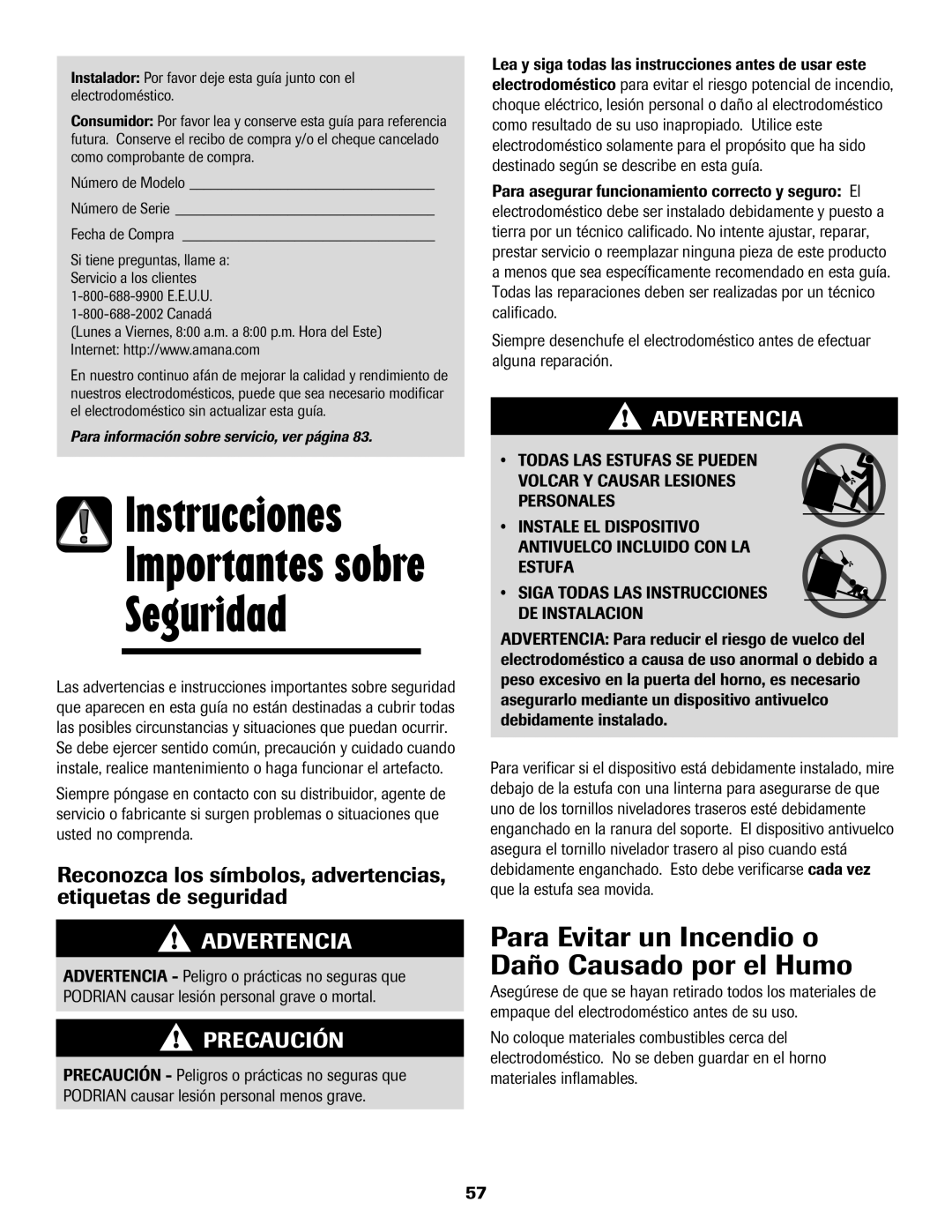 Amana AER5845RAW warranty Para Evitar un Incendio o Daño Causado por el Humo, Fecha de Compra, Canadá 