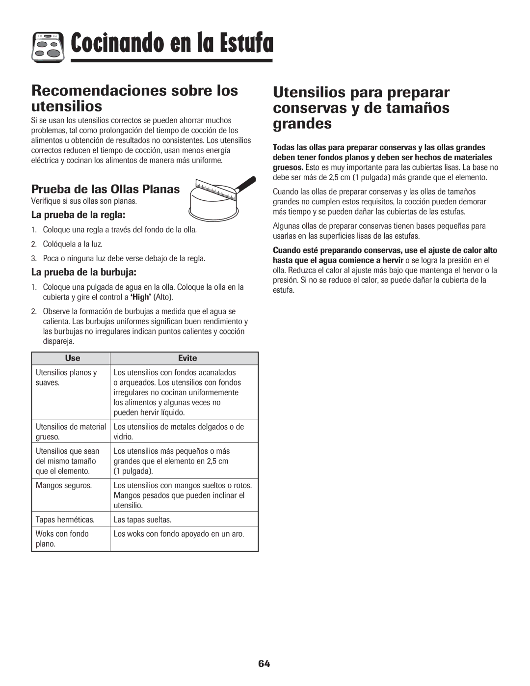 Amana AER5845RAW warranty Recomendaciones sobre los utensilios, Utensilios para preparar conservas y de tamaños grandes 