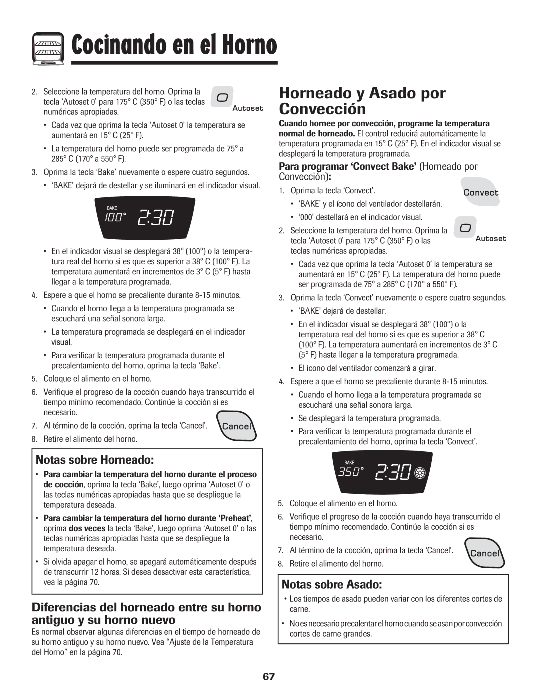 Amana AER5845RAW warranty Horneado y Asado por Convección, Notas sobre Horneado, Notas sobre Asado 