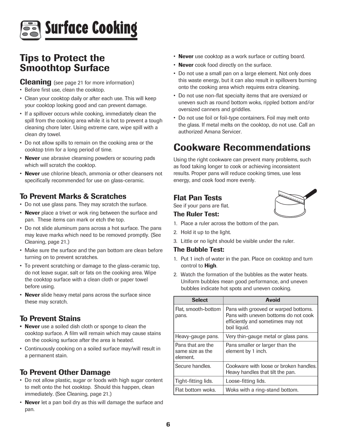 Amana AER5845RAW warranty Tips to Protect Smoothtop Surface, Cookware Recommendations 