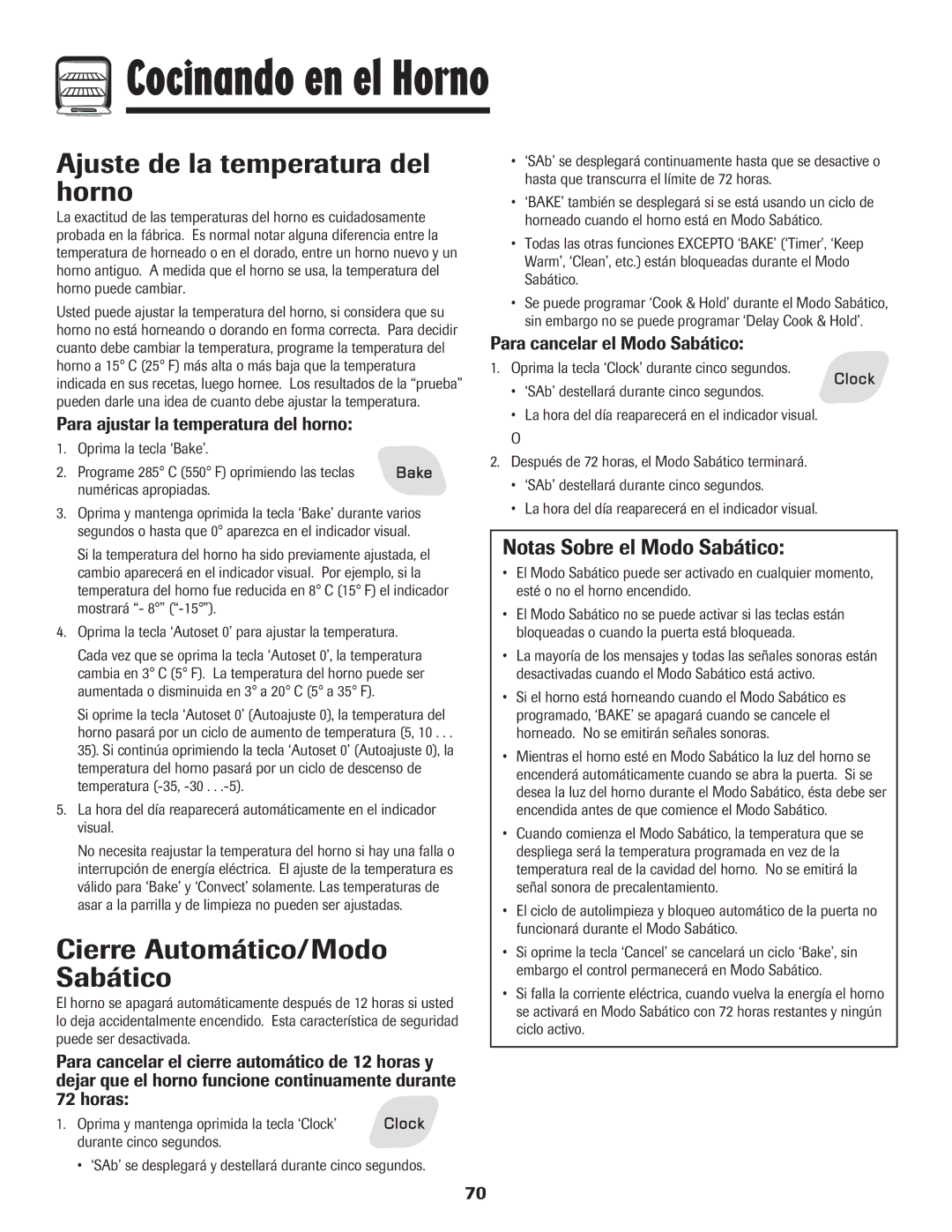 Amana AER5845RAW warranty Ajuste de la temperatura del horno, Cierre Automático/Modo Sabático, Notas Sobre el Modo Sabático 