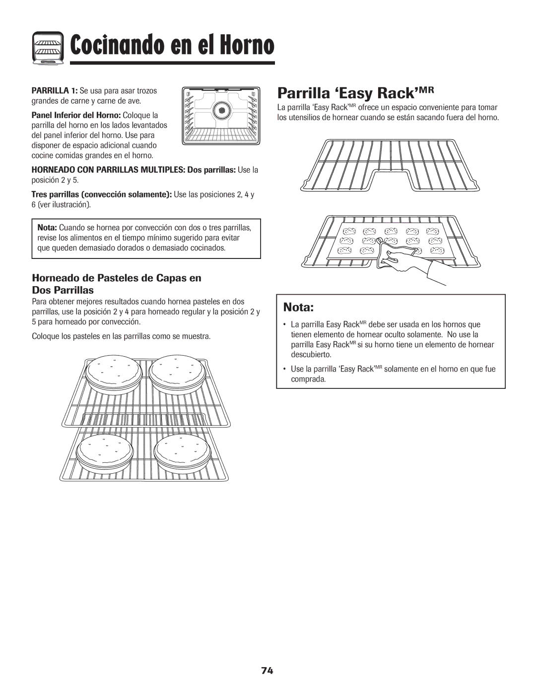 Amana AER5845RAW warranty Parrilla ‘Easy Rack’MR, Nota, Horneado de Pasteles de Capas en Dos Parrillas 