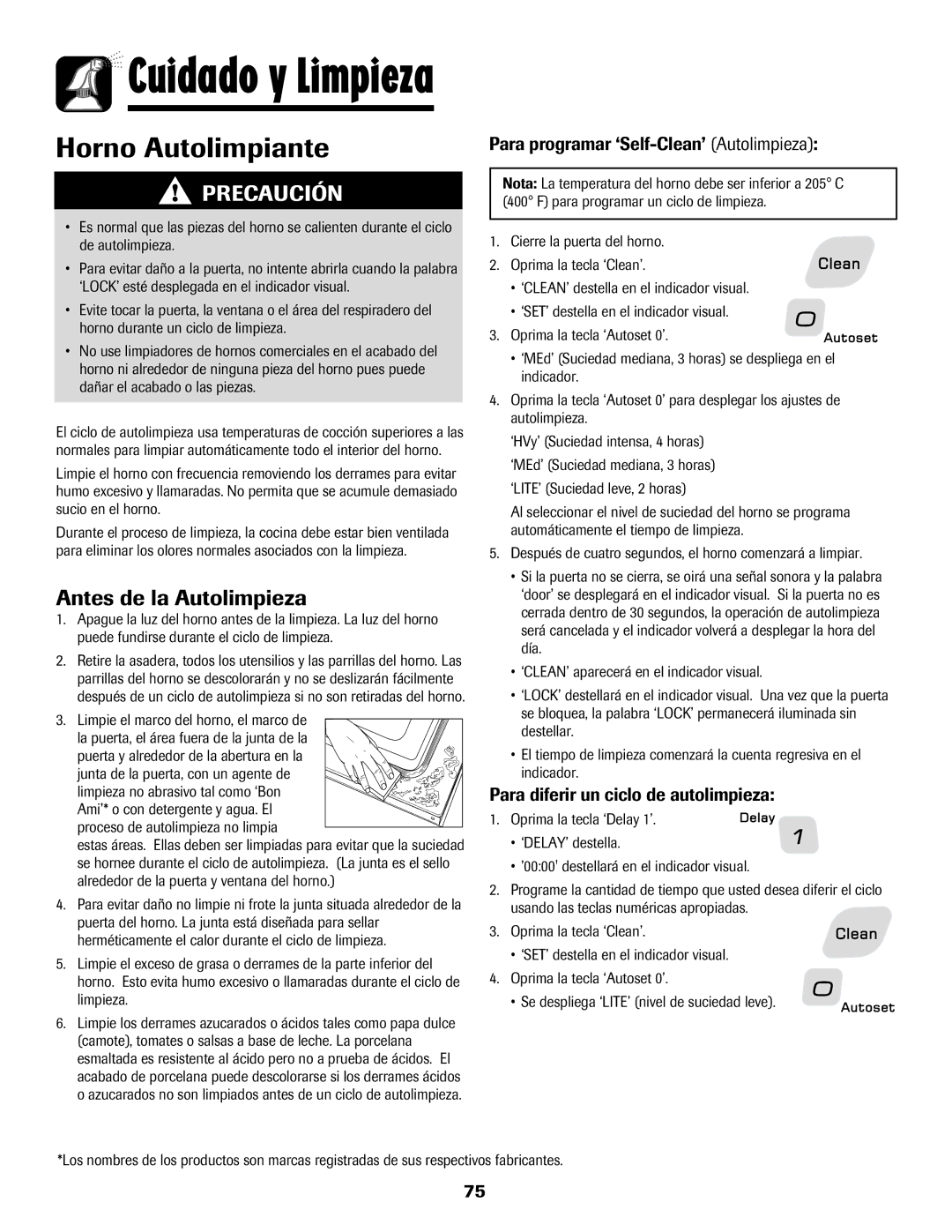 Amana AER5845RAW Antes de la Autolimpieza, Para programar ‘Self-Clean’ Autolimpieza, Para diferir un ciclo de autolimpieza 