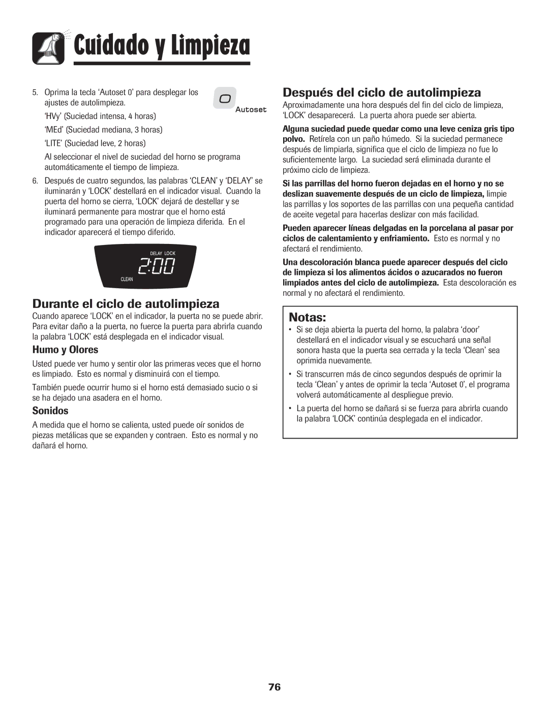 Amana AER5845RAW Durante el ciclo de autolimpieza, Después del ciclo de autolimpieza, Notas, Humo y Olores, Sonidos 