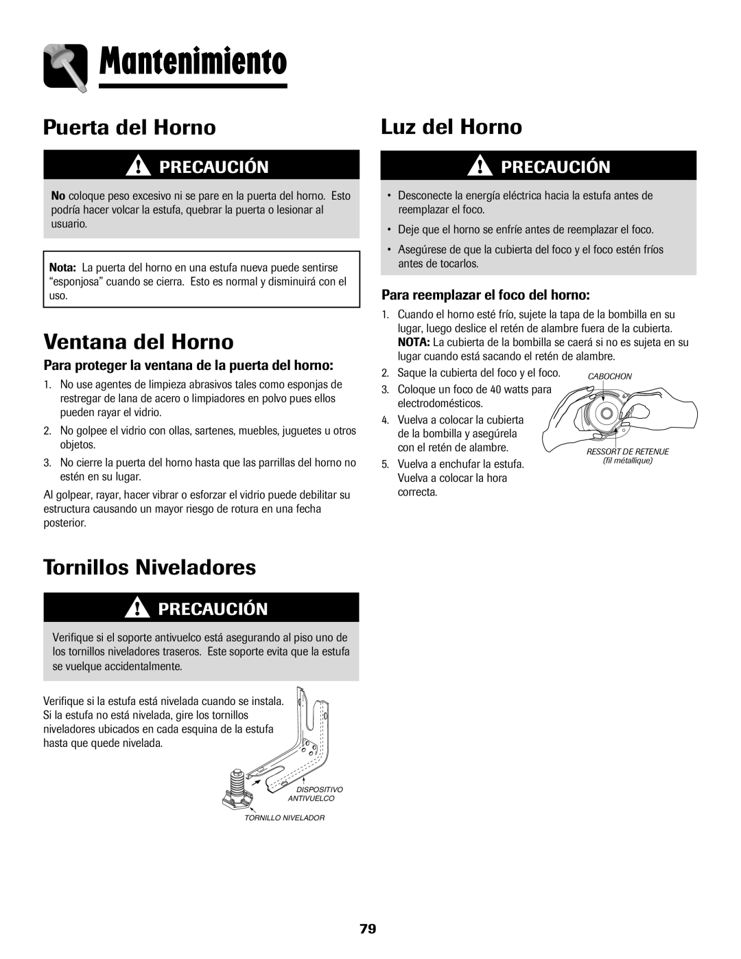 Amana AER5845RAW warranty Mantenimiento, Puerta del Horno, Ventana del Horno, Luz del Horno, Tornillos Niveladores 