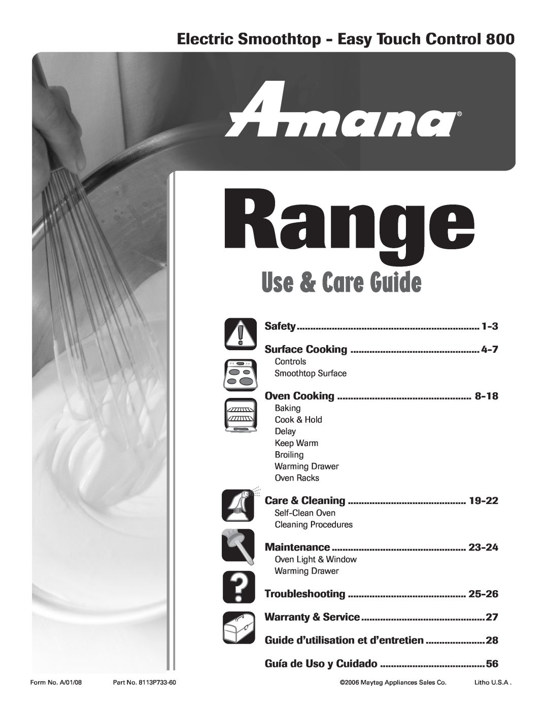 Amana AER5845RAW warranty Range, Electric Smoothtop - Easy Touch Control, Use & Care Guide 